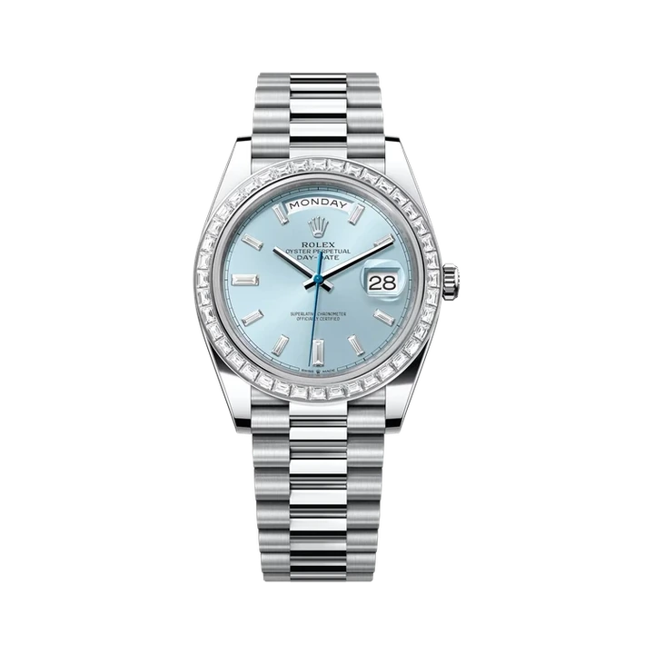 Rolex Day-Date 40 (Ice Blue Baguette), reference 228396TBR, at Yousef Watch