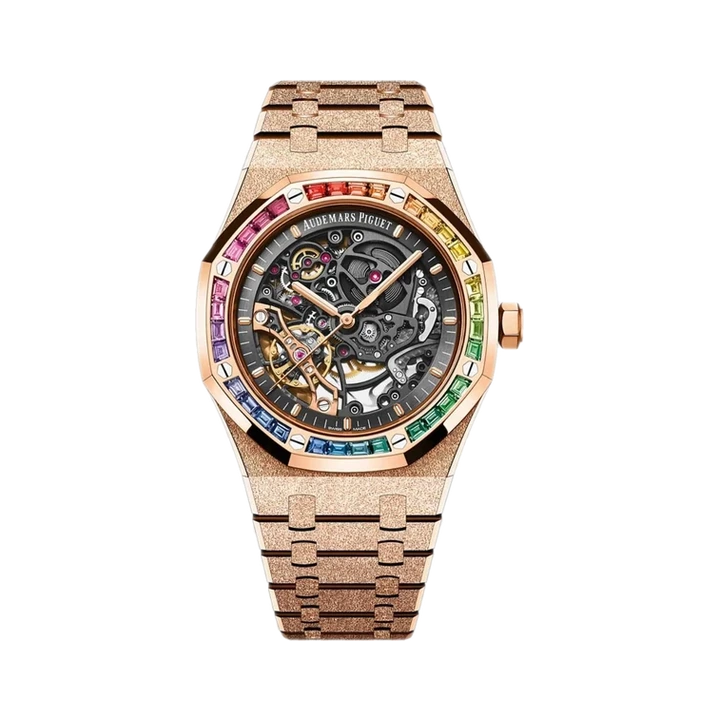 Audemars Piguet Royal Oak Frosted Gold Openworked (Rainbow), reference 15412OR.YG.1224OR.01, at Yousef Watch