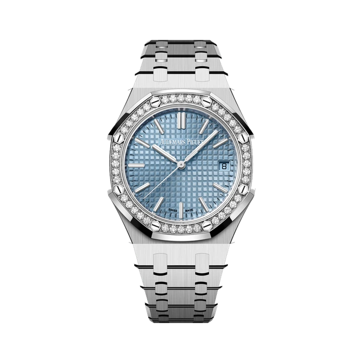 Audemars Piguet Royal Oak Selfwinding 37 (Light Blue, Diamond Bezel), reference 15551ST.ZZ.1356ST.04, at Yousef Watch