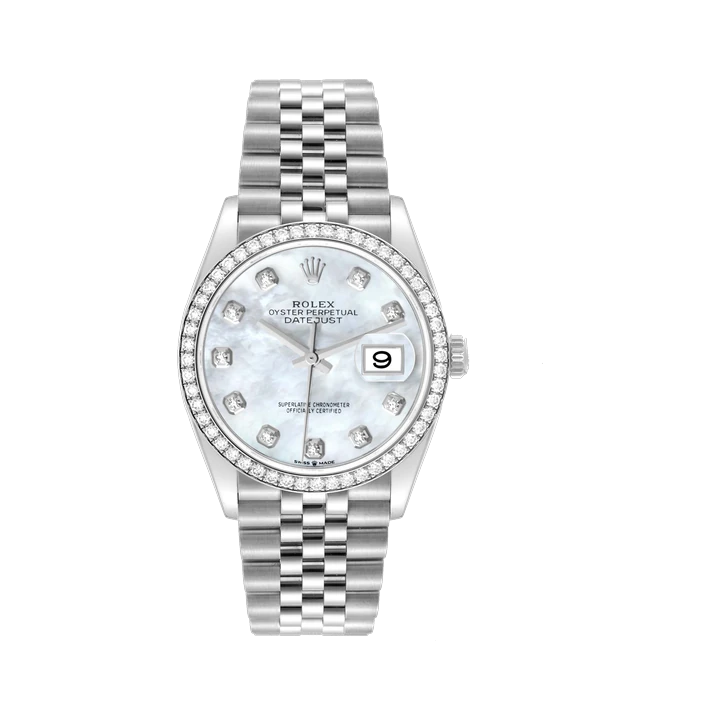 Rolex Datejust 36 (Mother-of-Pearl, Diamond Bezel), reference 126284RBR, at Yousef Watch